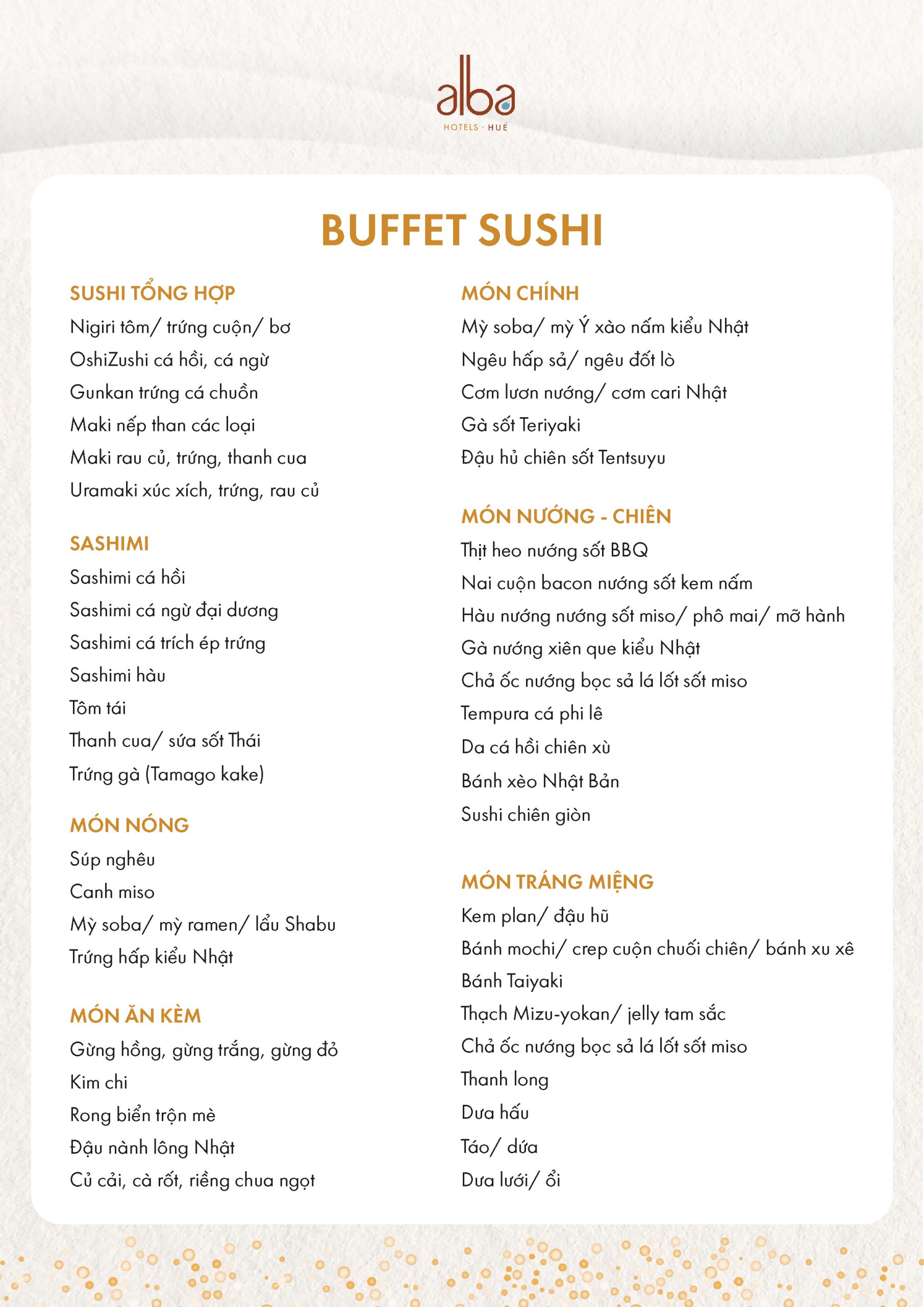 Sushi Buffet Menu - Alba Spa Hotels, Hue